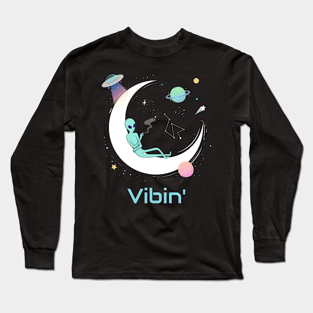 Vibin' Alien On The Moon Psychedelic Shirt Cosmic Planets Constellation UFO Long Sleeve T-Shirt by BitterBaubles